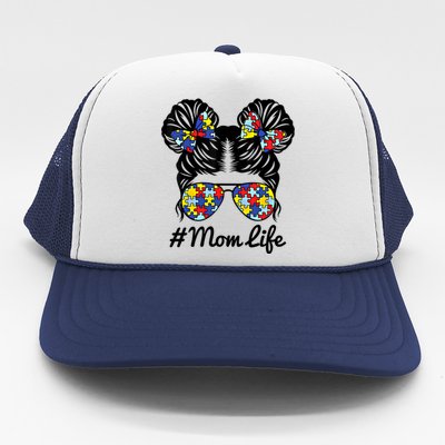 Mom Life Messy Bun Hair Puzzle Pieces Autism Awareness Gift Trucker Hat