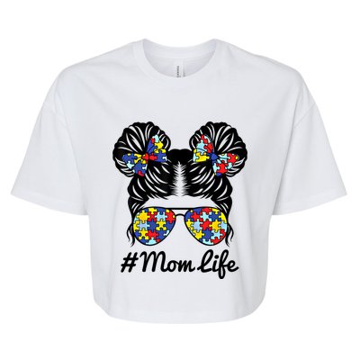 Mom Life Messy Bun Hair Puzzle Pieces Autism Awareness Gift Bella+Canvas Jersey Crop Tee