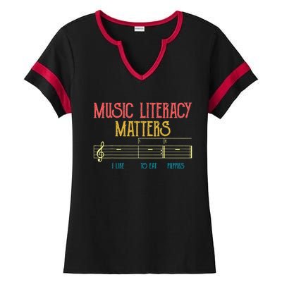 Music Literacy Matters I Like To Eat Puppies Retro Vintage Ladies Halftime Notch Neck Tee