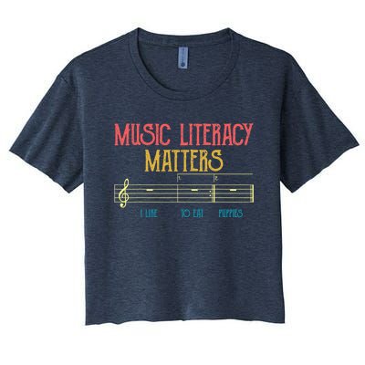 Music Literacy Matters I Like To Eat Puppies Retro Vintage Women's Crop Top Tee