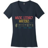 Music Literacy Matters I Like To Eat Puppies Retro Vintage Women's V-Neck T-Shirt