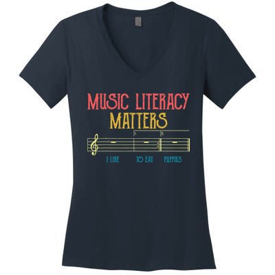 Music Literacy Matters I Like To Eat Puppies Retro Vintage Women's V-Neck T-Shirt