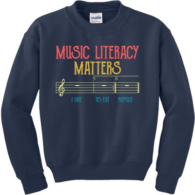 Music Literacy Matters I Like To Eat Puppies Retro Vintage Kids Sweatshirt