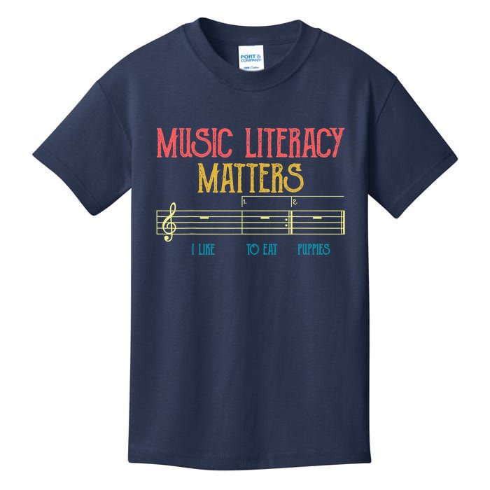 Music Literacy Matters I Like To Eat Puppies Retro Vintage Kids T-Shirt