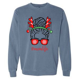 Mom Life Messy Bun Red Plaid Christmas Xmas Mama Mother Gift Garment-Dyed Sweatshirt