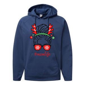 Mom Life Messy Bun Red Plaid Christmas Xmas Mama Mother Gift Performance Fleece Hoodie