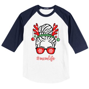 Mom Life Messy Bun Red Plaid Christmas Xmas Mama Mother Gift Baseball Sleeve Shirt