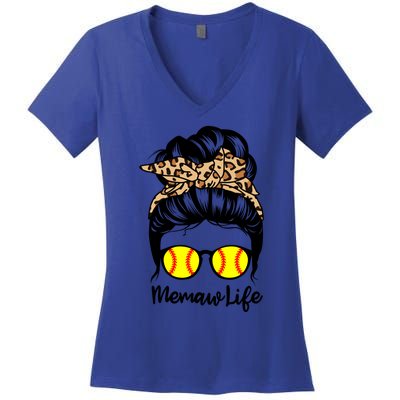 Memaw Life Messy Bun Hair Funny Softball Memaw Gift Women's V-Neck T-Shirt