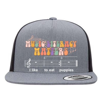 Music Literacy Matters I Like To Eat Puppies Funny Flat Bill Trucker Hat