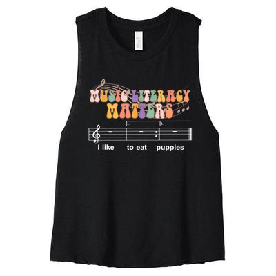 Music Literacy Matters I Like To Eat Puppies Funny Women's Racerback Cropped Tank