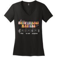 Music Literacy Matters I Like To Eat Puppies Funny Women's V-Neck T-Shirt