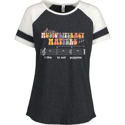 Music Literacy Matters I Like To Eat Puppies Funny Enza Ladies Jersey Colorblock Tee