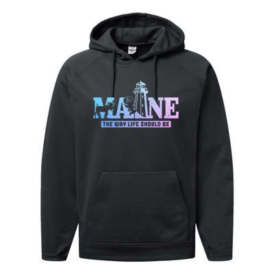 Maine Lighthouse Moose Lobster Pride Vintage Souvenir Performance Fleece Hoodie