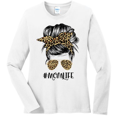 Mom Life Messy Hair Bun Leopard  Mother's Day Ladies Long Sleeve Shirt