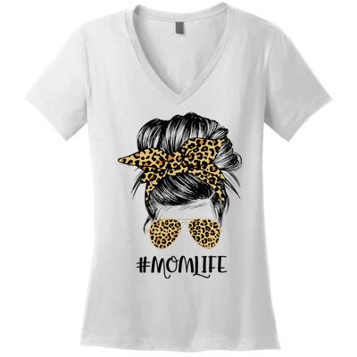 Mom Life Messy Hair Bun Leopard  Mother's Day Women's V-Neck T-Shirt