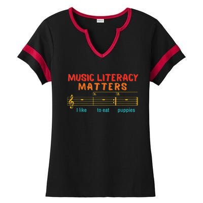 Music Literacy Matters I Like To Eat Puppies Funny Ladies Halftime Notch Neck Tee