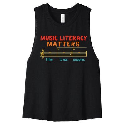 Music Literacy Matters I Like To Eat Puppies Funny Women's Racerback Cropped Tank