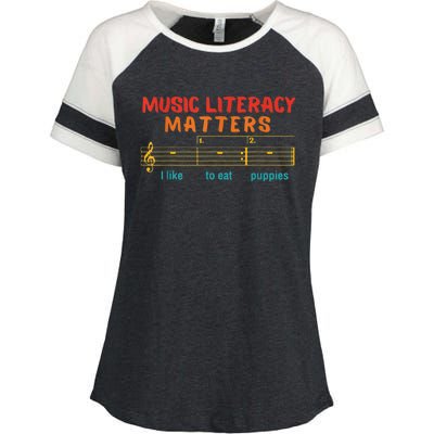 Music Literacy Matters I Like To Eat Puppies Funny Enza Ladies Jersey Colorblock Tee