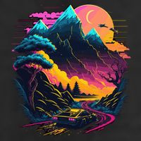 Mountain Life Neon Car Road Scene 7 Panel Mesh Trucker Snapback Hat