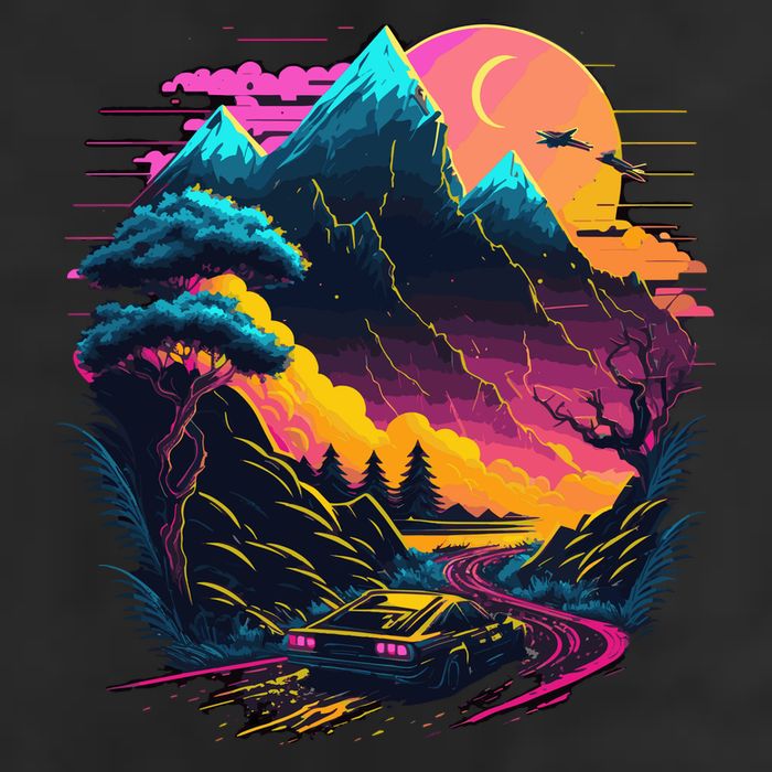Mountain Life Neon Car Road Scene 7 Panel Mesh Trucker Snapback Hat