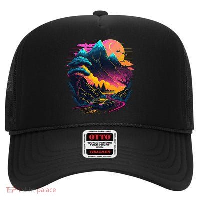Mountain Life Neon Car Road Scene High Crown Mesh Back Trucker Hat