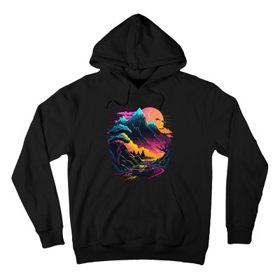 Mountain Life Neon Car Road Scene Hoodie