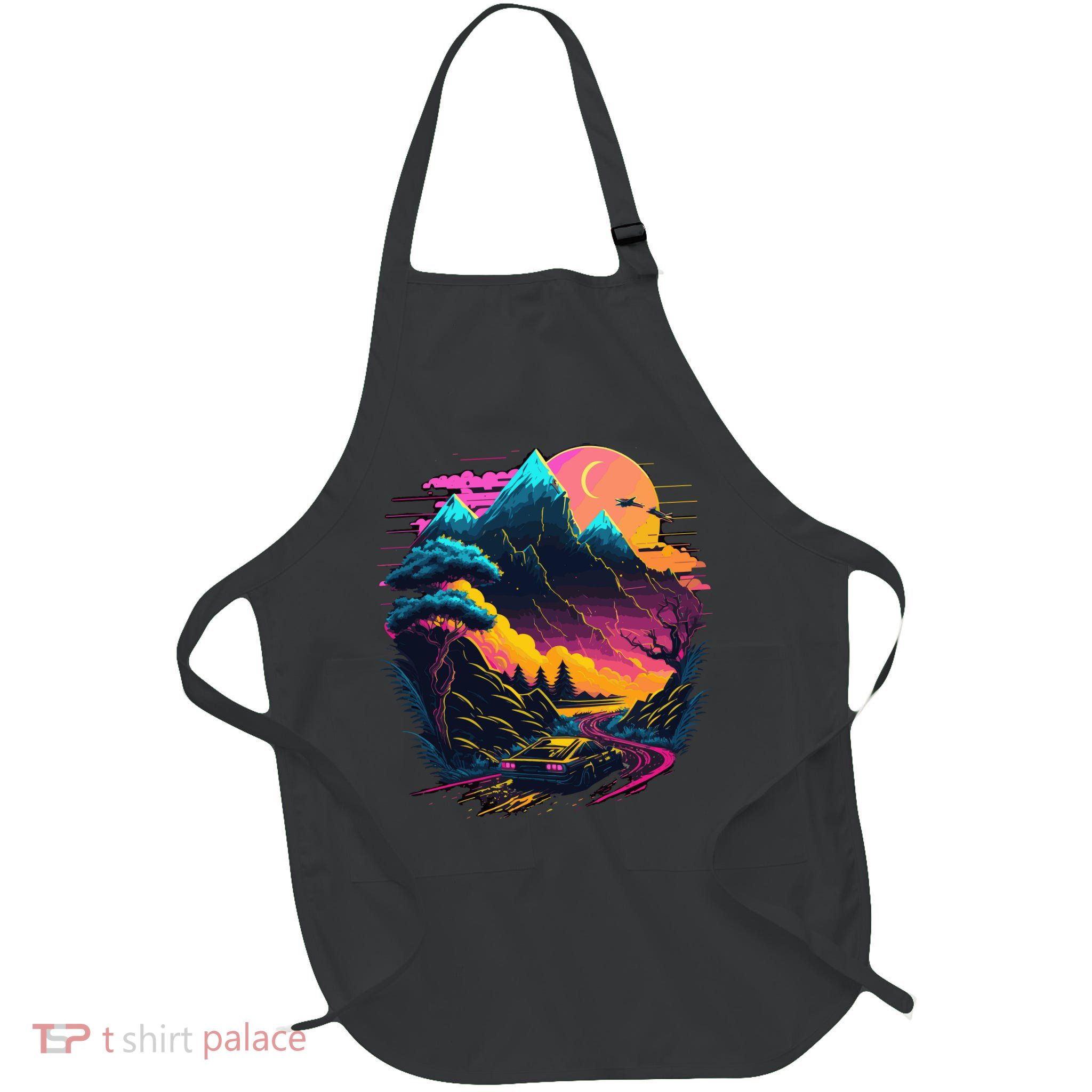 Mountain Life Neon Car Road Scene Full-Length Apron With Pockets