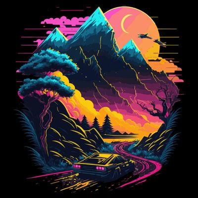 Mountain Life Neon Car Road Scene T-Shirt