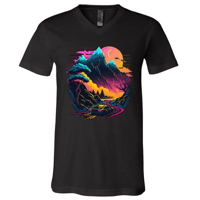 Mountain Life Neon Car Road Scene V-Neck T-Shirt