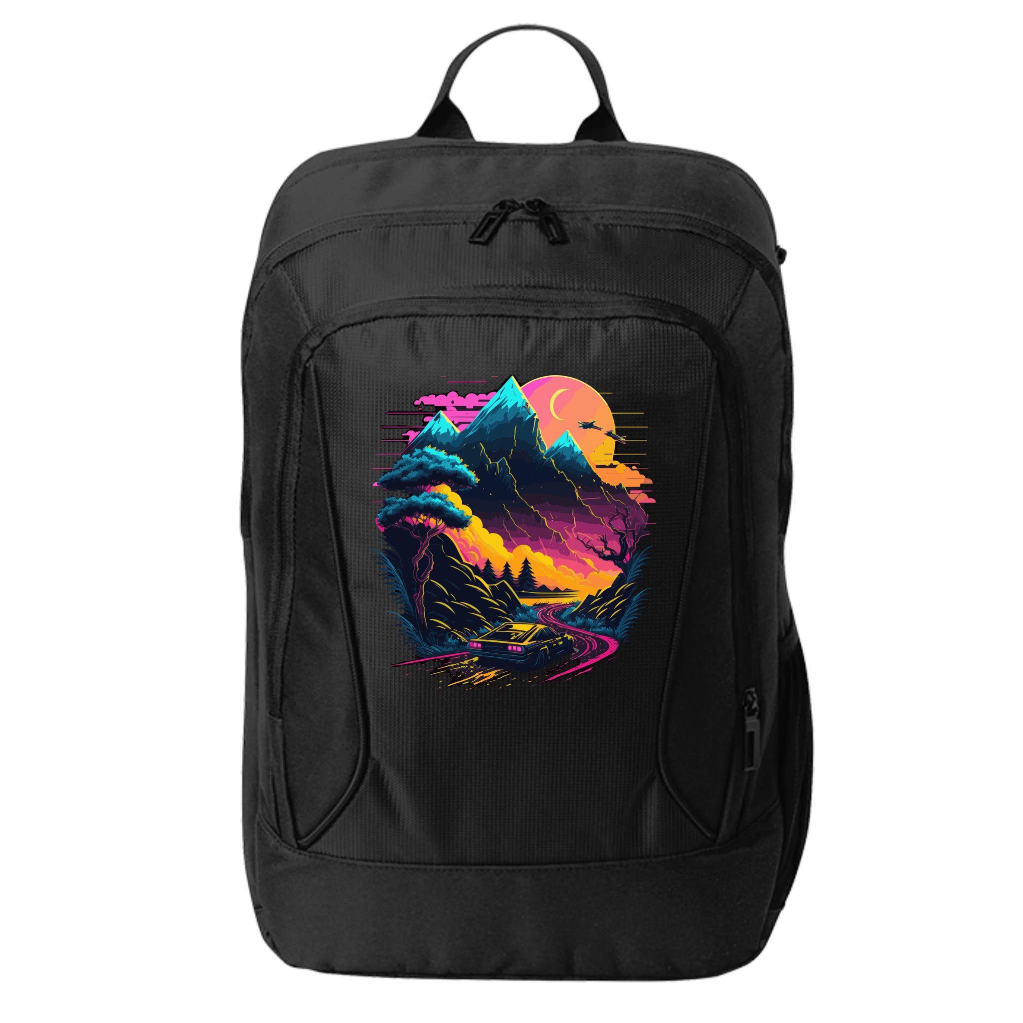 Mountain Life Neon Car Road Scene City Backpack