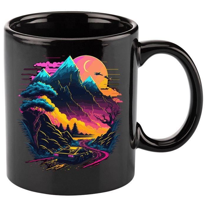 Mountain Life Neon Car Road Scene 11oz C Handle Ceramic Mug