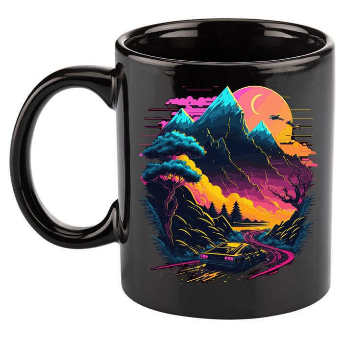 Mountain Life Neon Car Road Scene 11oz C Handle Ceramic Mug