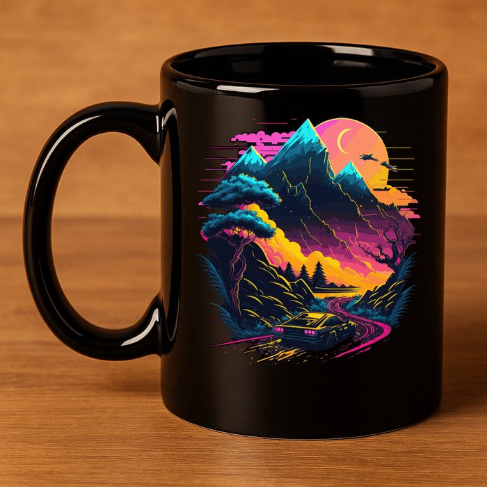 Mountain Life Neon Car Road Scene 11oz C Handle Ceramic Mug