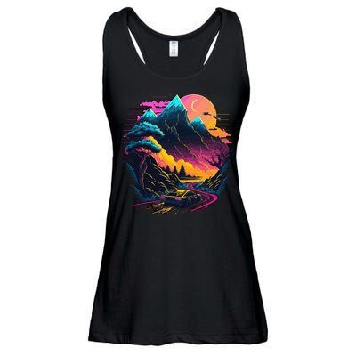 Mountain Life Neon Car Road Scene Ladies Essential Flowy Tank