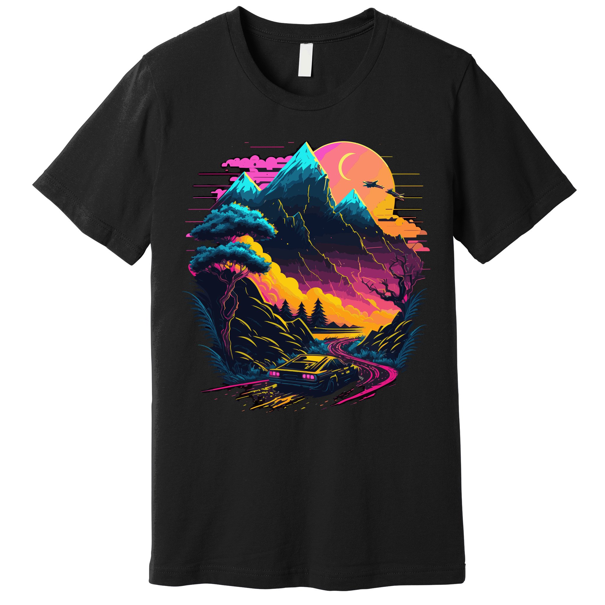 Mountain Life Neon Car Road Scene Premium T-Shirt
