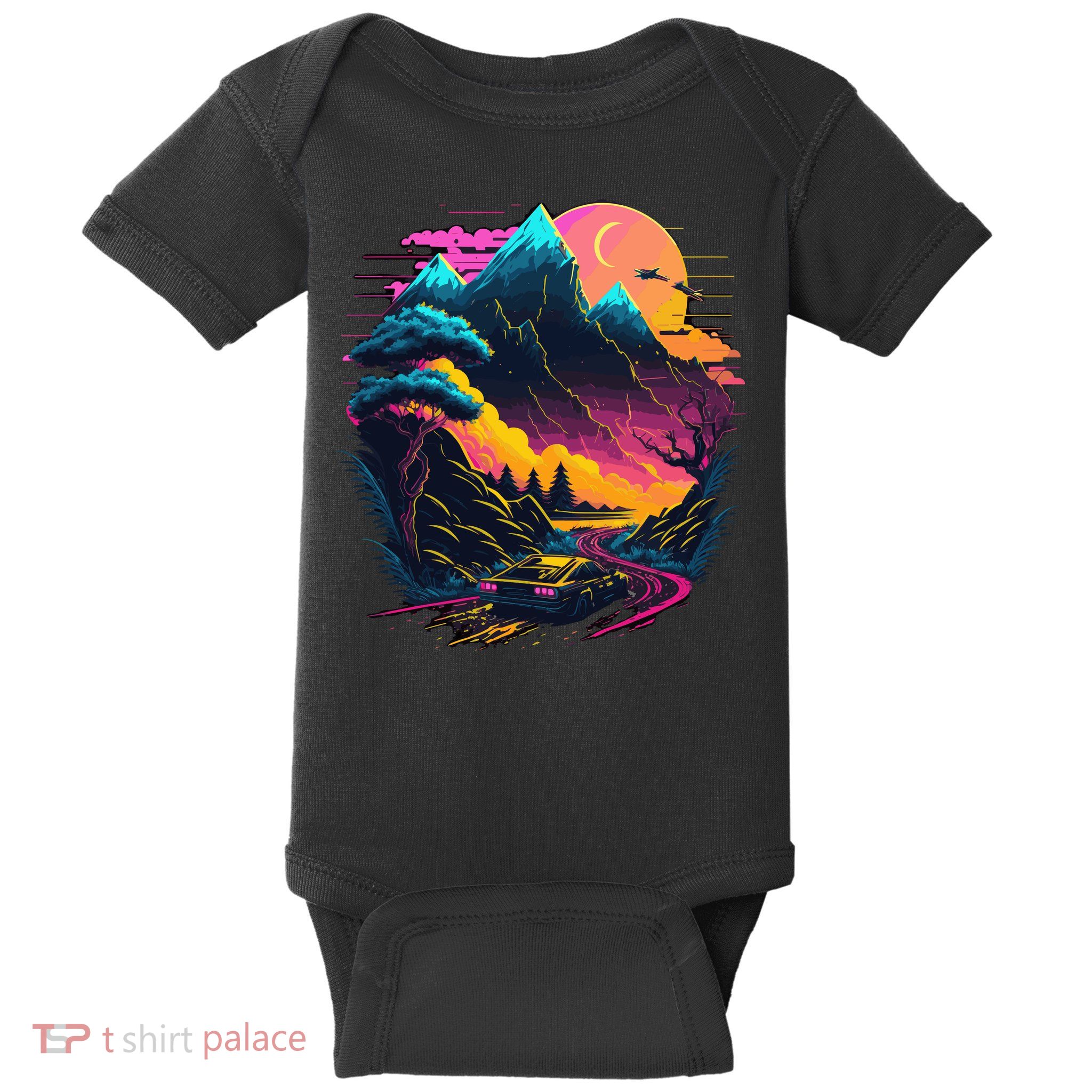 Mountain Life Neon Car Road Scene Baby Bodysuit
