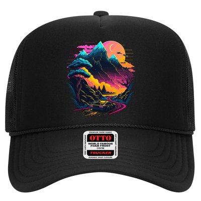 Mountain Life Neon Car Road Scene Trucker Hat
