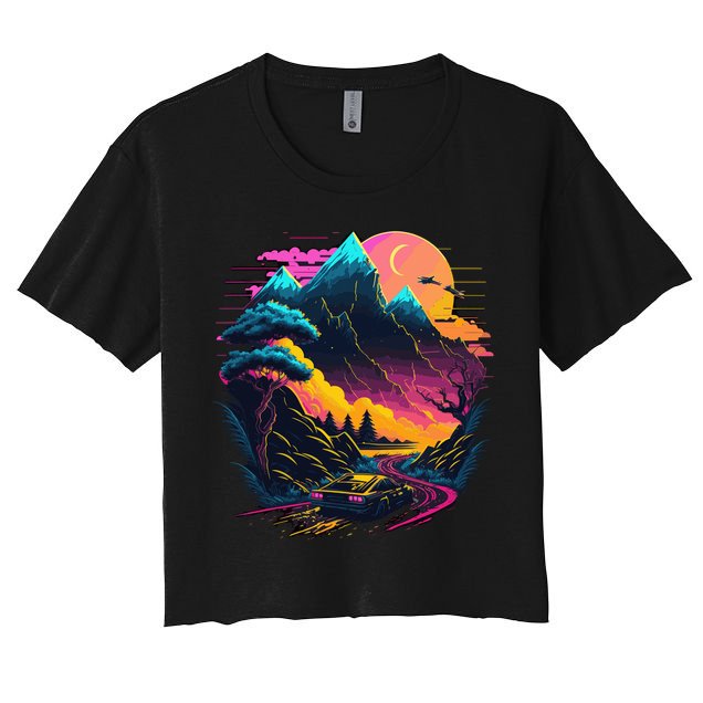 Mountain Life Neon Car Road Scene Crop Top