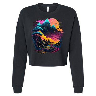 Mountain Life Neon Car Road Scene Cropped Pullover Crew