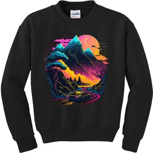 Mountain Life Neon Car Road Scene Kids Sweatshirt