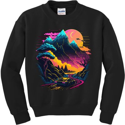 Mountain Life Neon Car Road Scene Kids Sweatshirt