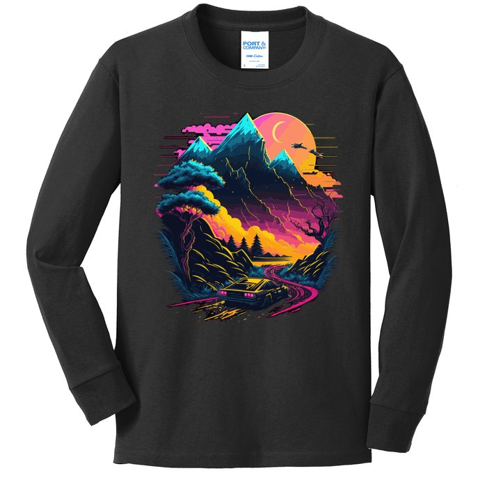 Mountain Life Neon Car Road Scene Kids Long Sleeve Shirt