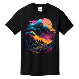 Mountain Life Neon Car Road Scene Kids T-Shirt