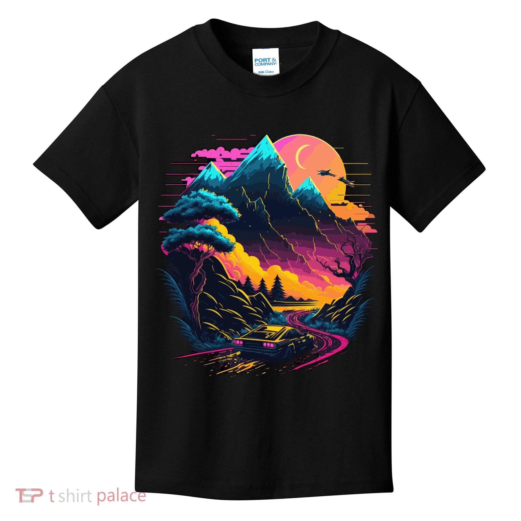 Mountain Life Neon Car Road Scene Kids T-Shirt
