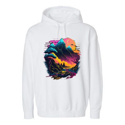 Mountain Life Neon Car Road Scene Garment-Dyed Fleece Hoodie