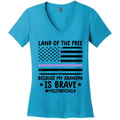 Military Land Of Free Because My Grandpa Is Brave Cool Gift Women's V-Neck T-Shirt