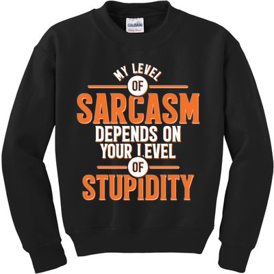 My Level Of Sarcasm Depends On Your Level Of Stupidity Kids Sweatshirt