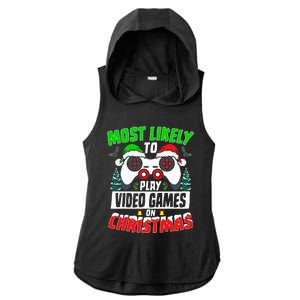 Most Likely Play Video Games On Christmas Xmas Family  Ladies PosiCharge Tri-Blend Wicking Draft Hoodie Tank