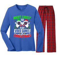 Most Likely Play Video Games On Christmas Xmas Family  Women's Long Sleeve Flannel Pajama Set 