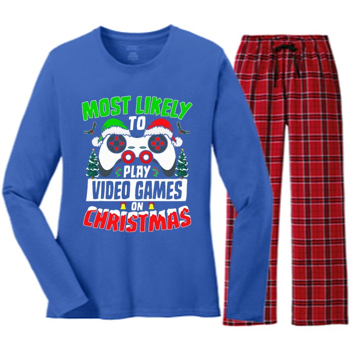 Most Likely Play Video Games On Christmas Xmas Family  Women's Long Sleeve Flannel Pajama Set 